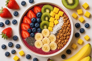 Colorful smoothie bowl with berries, seeds, and tropical fruits