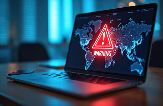 Cyber attack warning on laptop screen displaying world map. Red alert symbol with exclamation mark, WARNING text indicates virus, malware, hacking threat. Digital privacy, network security concerns. - Powered by Adobe