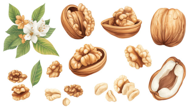 set of wallnuts on white background 