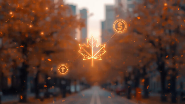 Abstract autumn-themed holographic interface with a glowing maple leaf and floating icons on a blurred street backgroundAbstract autumn-themed holographic interface with a glowing maple leaf and float