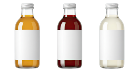 Three Glass Bottles with Blank White Labels on Transparent Background: Product Mockup for Beverages, Juices, or Drinks, Featuring Orange, Red, and