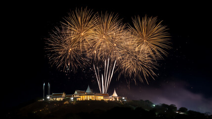 Golden fireworks illuminating the night sky above a hilltop palace in Phetchaburi, vibrant festival, Diwali fireworks, palace glow, festive celebration, night sky splendor