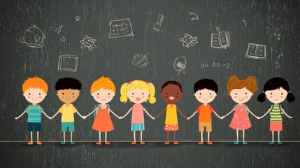 Horizontal illustration of smiling diverse school children holding hands in front of chalkboard with drawings, symbolizing education and friendship Concept: children school friendship education