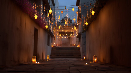 A narrow alleyway glowing with twinkling diyas and lanterns leading to a grand Diwali temple, Diwali alley, glowing diyas, temple entrance, festive ambiance, Hindu celebration