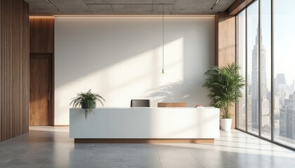 Modern office reception area features sleek white desk with blank frame. Sunlight streams through large windows, illuminating clean, bright workspace with rich plants. Wood accents, concrete ceiling