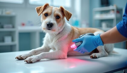 Veterinarian uses modern laser equipment for dog joint therapy. Focused red light treatment promotes healing, pain relief for canine patient in clinic. Gentle, effective care aids pet rehabilitation
