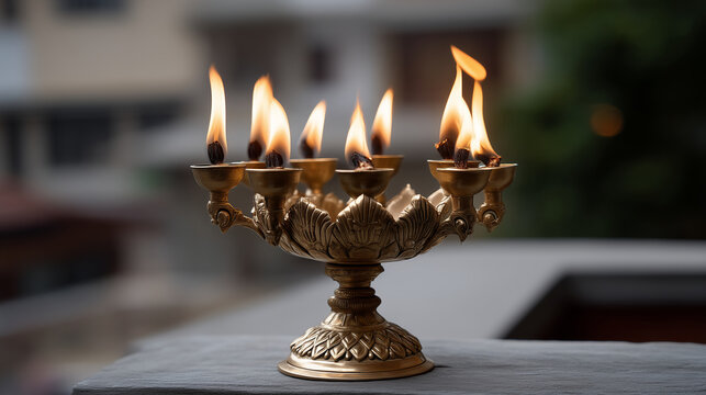 An ornate brass arati lamp with multiple flames for spiritual rituals, arati lamp, Hindu ritual, festive flame, traditional worship, spiritual decor