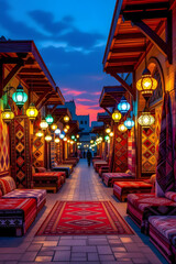 Obraz premium Vibrant Arabian Nights market with colorful lanterns and sunset sky ambiance