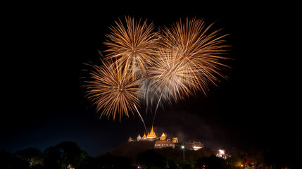 Golden fireworks illuminating the night sky above a hilltop palace in Phetchaburi, vibrant festival, Diwali fireworks, palace glow, festive celebration, night sky splendor