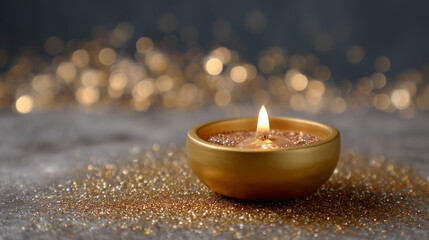A close-up Diwali diya with golden glitter bokeh, Diwali diya, glowing lamp, festive bokeh, Hindu tradition, spiritual light