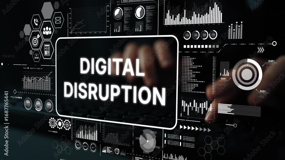 Poster digital disruption concept with data visualization, technology background, and hands on keyboard for