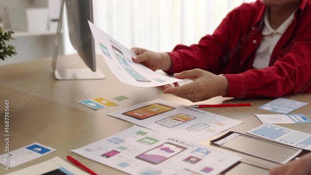 Poster Excellent startup company employee presenting user interface prototype for mobile application to smart co-worker in office workspace. UX UI designer explain function of icon design on paper. Synergic