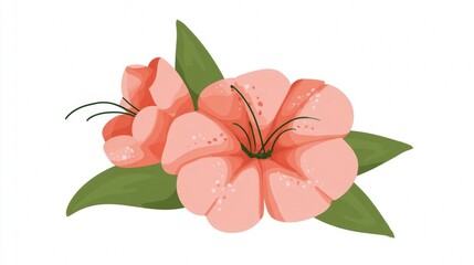A delicate digital illustration of two pink or coral-colored flowers with prominent stamens and green leaves, isolated on a white background.