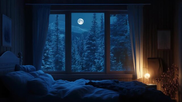 Cozy bedroom interior with window overlooking forest illuminated by soft moonlight

