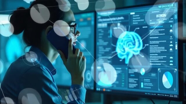 Business IT technician engaged in a phone call about deep learning tasks, surrounded