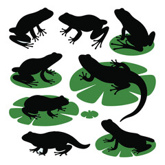 Frog and Salamander Vector Set, Amphibian Silhouettes with Lily Pads, Toad Clipart Collection for Nature and Design