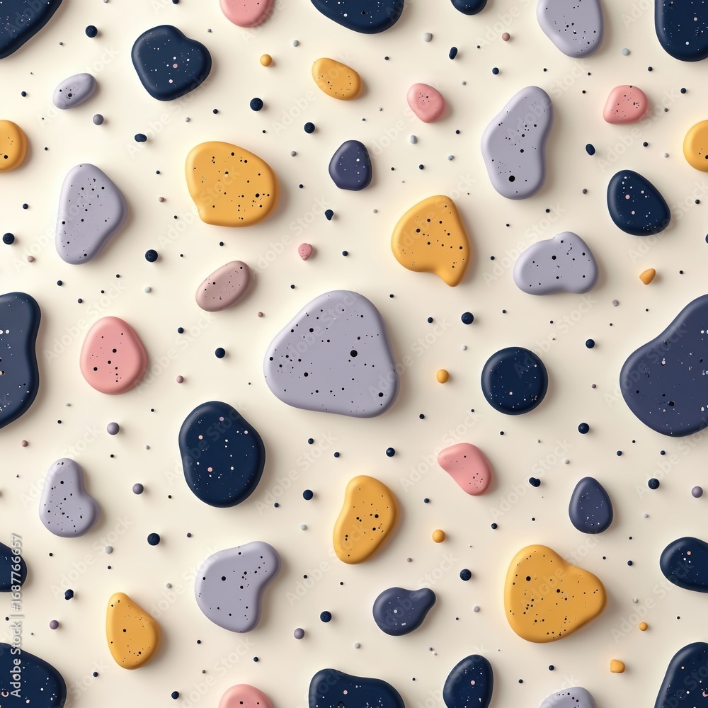 Poster seamless 3d pattern of colorful terrazzo shapes on light background. features abstract stone texture