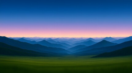 Obraz premium Layered Mountain Range at Dawn with a Gradient Sky Over a Green Valley