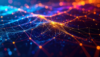 Abstract digital network, vibrant colors, glowing points and lines