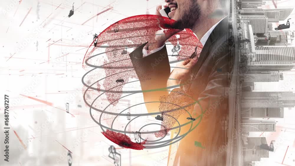 Poster a business professional stands confidently while communicating globally. the image features abstract