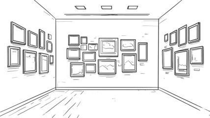 A clean black line art illustration of several picture frames arranged on a wall in a gallerystyle layout viewed directly from the front The frames are of dif