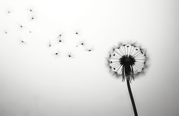 Obraz premium Delicate dandelion seeds float on soft grey background. Close-up of puffball flower with flying seeds evokes feelings of sympathy, loss, healing. Serene, minimalistic design offers comfort, support