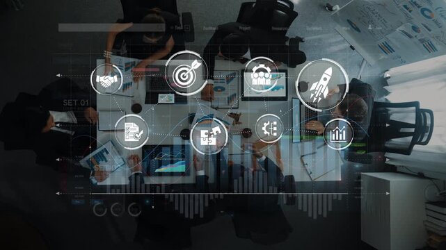 A collaborative office scene featuring professionals engaging in strategic discussions with digital analytics elements in the foreground, highlighting teamwork and innovative ideas. Raster