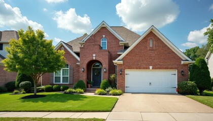 Fototapeta premium Suburban brick home features manicured green lawn, tree, landscaping on bright sunny day. Beautiful property classic architecture with well-maintained driveway, front yard, creating inviting