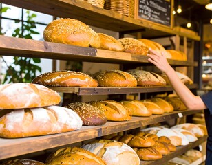 Bakery shelves overflowing with various loaves of bread