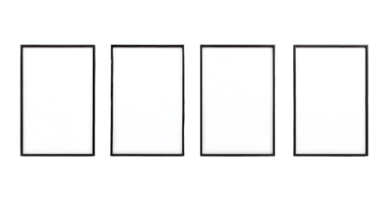 ultrarealistic front view mockup of four vertical posters with black frames frame tiled together with no gapsgap zero blank with white paper mounted on a mode