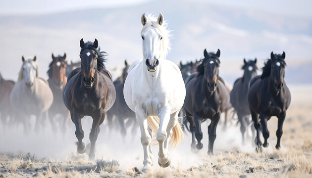 Group of horses galloping across dusty plain—white leader in foreground, evoking unity, strength, and wild motion.