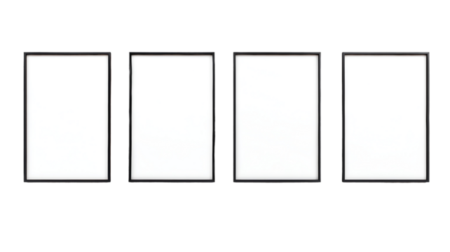 ultrarealistic front view mockup of four vertical posters with black frames frame tiled together with no gapsgap zero blank with white paper mounted on a mode