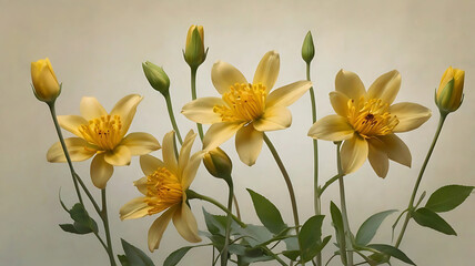 Obraz premium Pastel beige background with natural yellow flowers on edge