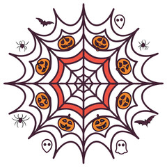 Halloween Spiderweb Mandala with Pumpkins Bats and Ghosts vector illustration