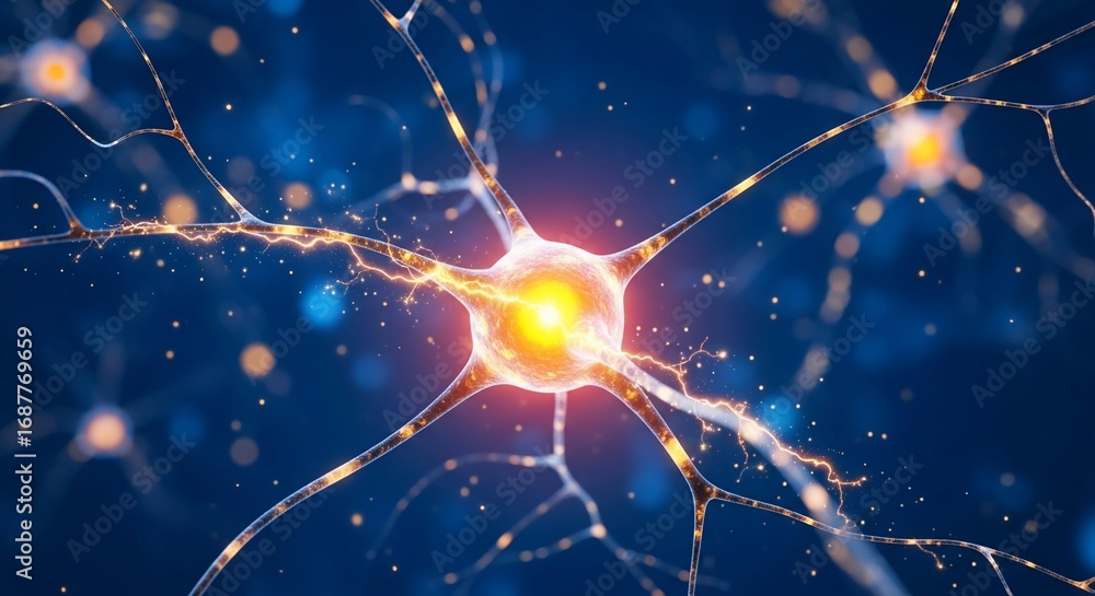 Poster dynamic neuron illustration showcasing neural networks and brain activity for innovative scientific 