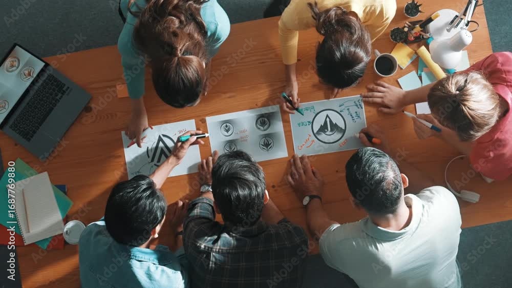 Poster time lapse of business team write graphic logo on meeting table with colorful sticky notes and desig
