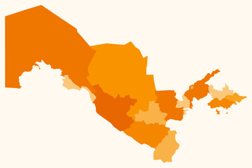 Map of Uzbekistan with regions. Just a simple country border map with region division. Orange color palette. Blank Uzbekistan shape with administrative division. Vector illustration.