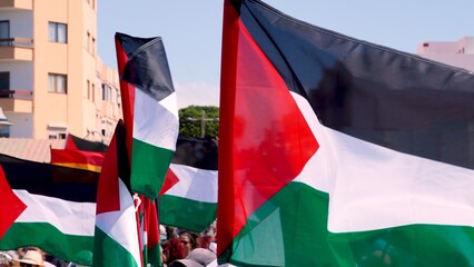 Many Palestinian flags waving in the wind during a demonstration in support of a humanitarian flotilla carrying aid to Gaza, showing solidarity with Palestine