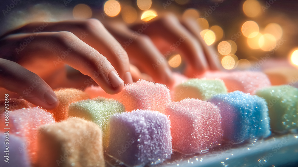 Aufkleber fingers touch vibrant sugar cubes on an imaginative keyboard. colorful setting with soft bokeh light