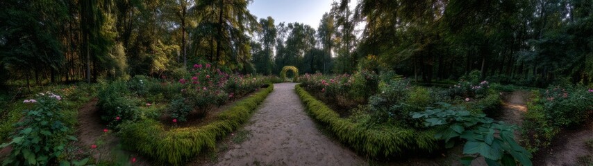 Strolling through a lush rose garden at sunrise nature photography serene environment panoramic view