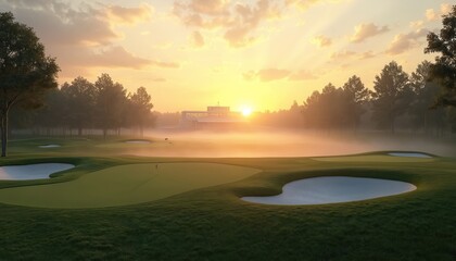 Golden sunrise breaks through morning fog on a rich golf course. Sunbeams illuminate fairways, sand traps, and a distant clubhouse. Peaceful atmosphere invites early morning practice or play.