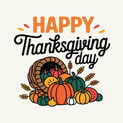A happy thanksgiving day illustration with cornucopia and pumpkins in a festive design