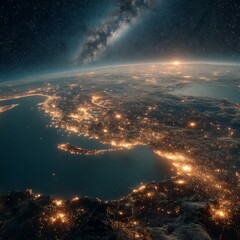 Stunning view of Earth from space at night showing illuminated cities along coastlines under the majestic Milky Way