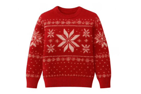 Red christmas sweater with snowflake pattern on transparent background