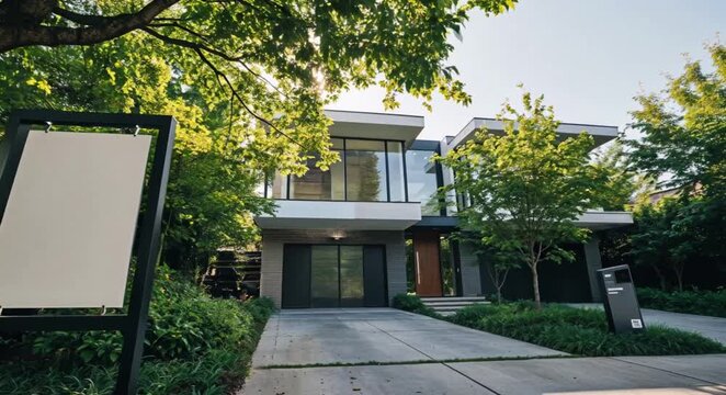 Contemporary House Exterior with Blank Billboard Under Tree Canopy in Lush Green Yard on Sunny Day