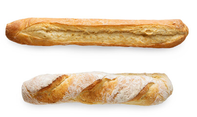 Two french crusty baguettes isolated at white background. Flat lay, top view