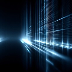 Abstract digital background featuring glowing blue light beams and streaks creating a futuristic grid tunnel effect