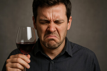 The Disappointed Connoisseur: Capturing a moment of candid disappointment as a man examines a glass of wine