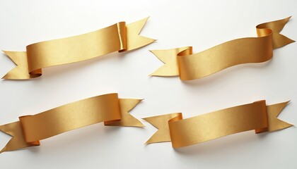 Set of four gold ribbon banners with blank space for text. Decorative elements feature metallic sheen, elegant curves, perfect for awards, invitations, branding. Versatile design elements for graphic