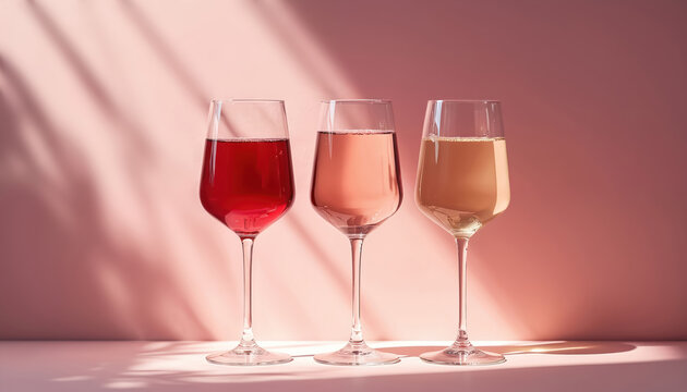 Three wine glasses display red, rose, and white wine varieties. Set against a soft pink background with diagonal shadows. This image suggests a sophisticated celebration or tasting event. - Powered by Adobe